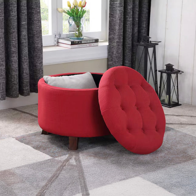 Tufted Red Round Storage Ottoman