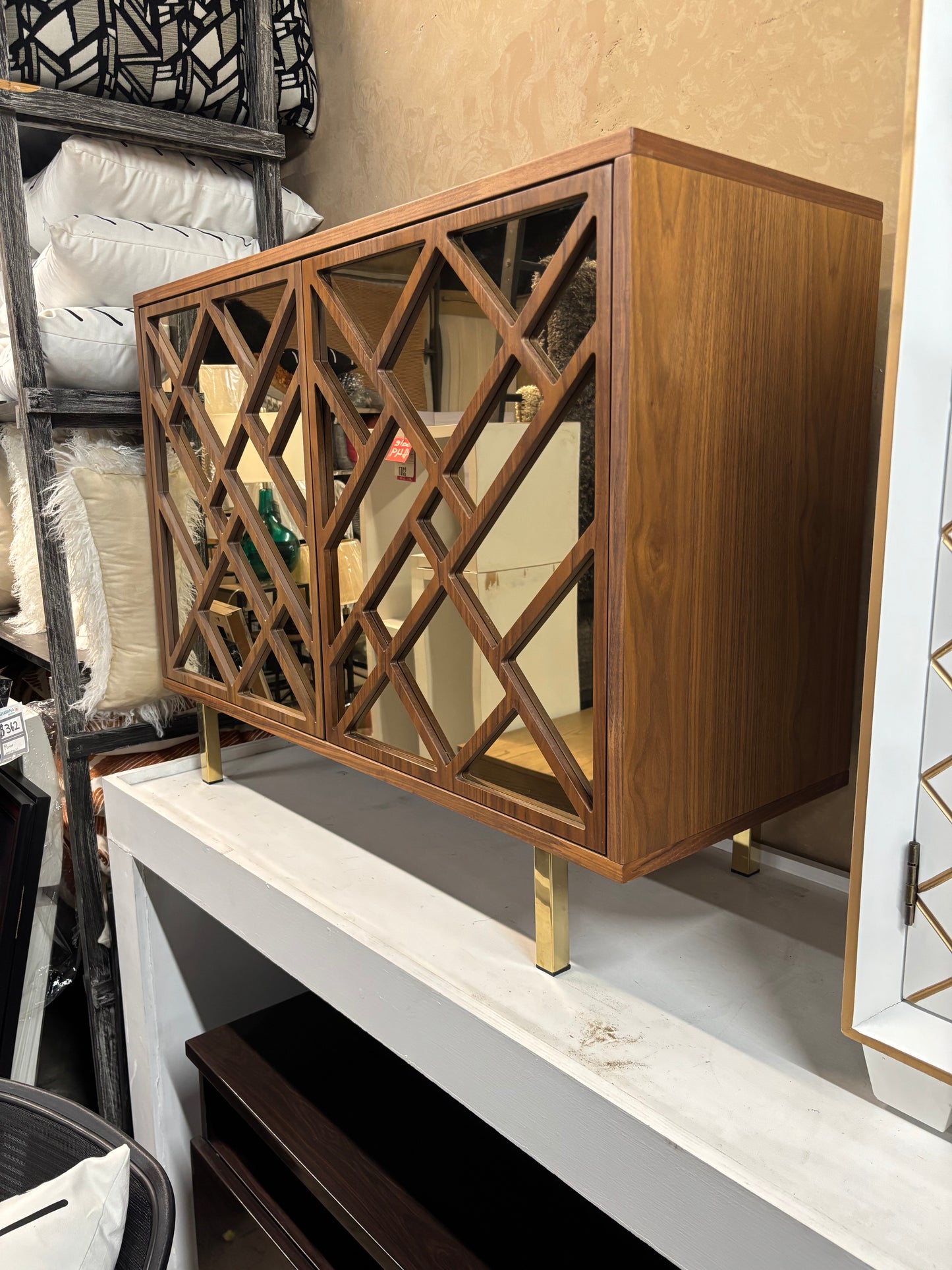Modern Gold & Wood Accent Cabinet