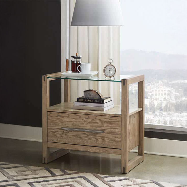 Gray Oak & Glass Nightstand