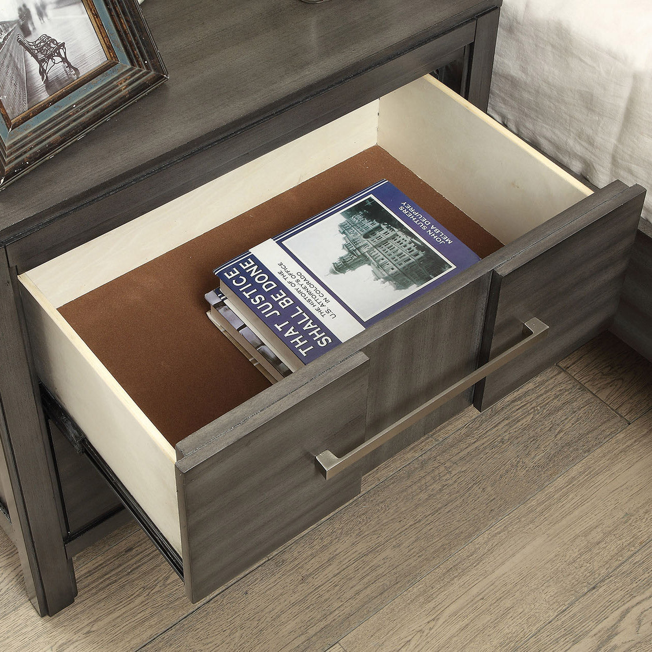Gray Solid Wood Nightstand w/ Nickel Bar Pulls